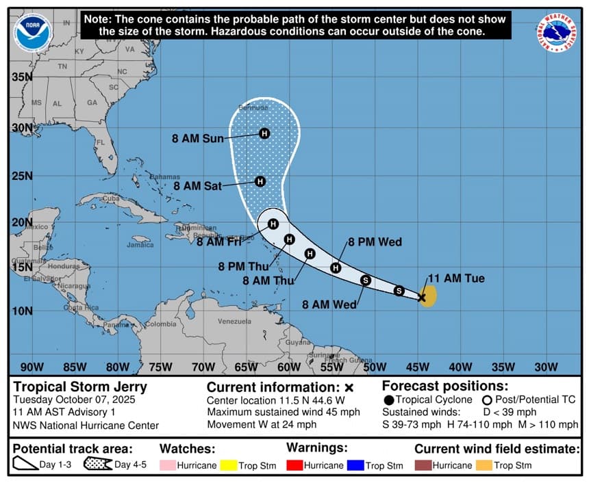 Imagen cedida por la Oficina Nacional de Administración Oceánica y Atmosférica de Estados Unidos (NOAA), a través del Centro Nacional de Huracanes (NHC), del pronóstico de cinco días de la trayectoria de la tormenta tropical Jerry en el Atlántico. (EFE/NOAA-NHC)