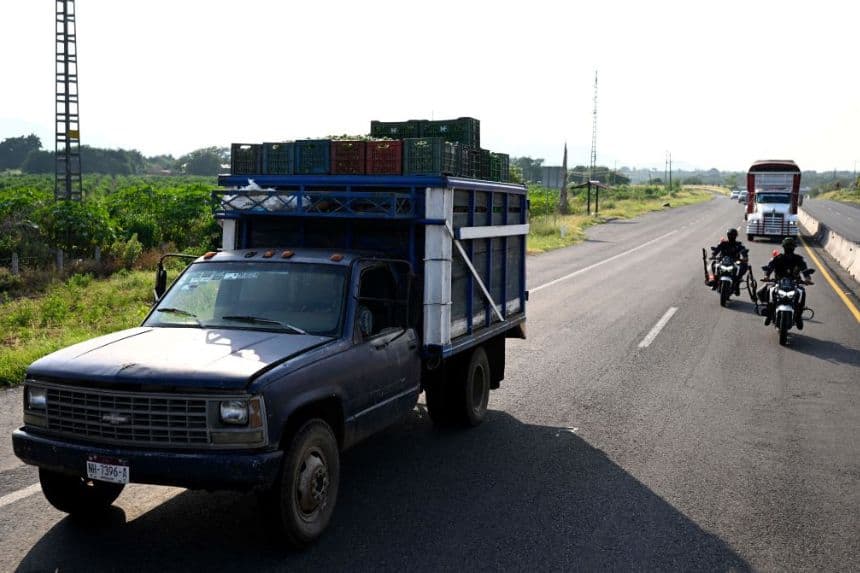 Miembros de la Guardia Civil escoltan un camión que transporta limones en el tramo de la carretera entre Apatzingán y Nueva Italia, en el estado de Michoacán, México, el 20 de septiembre de 2023. (ALFREDO ESTRELLA/AFP vía Getty Images)