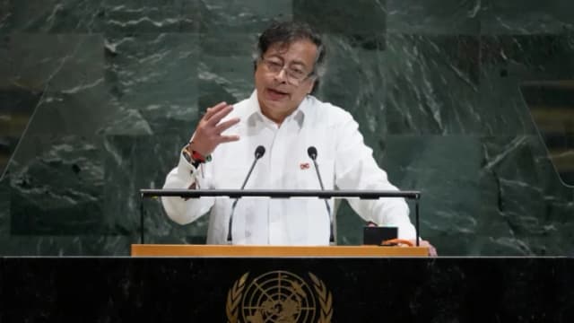 El presidente de Colombia, Gustavo Petro Urrego, se dirige a la 80.ª sesión de la Asamblea General de las Naciones Unidas en la sede de la ONU, Nueva York, el 23 de septiembre de 2025. (Pamela Smith/AP)