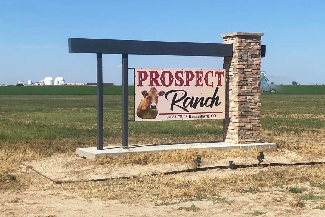 Un cartel en Prospect Ranch, a las afueras de Prospect Valley Dairy, al este de Keenesburg, Colorado, el 21 de agosto de 2025. (Chris Bolin/Denver Post vía AP)