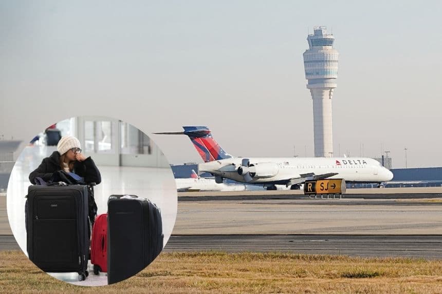 Composición: Imagen de fondo: Un avión sobrevuela la torre de control del tráfico aéreo mientras los viajeros pasan por el Aeropuerto Internacional Hartsfield-Jackson de Atlanta el 7 de noviembre de 2025 en Atlanta, Georgia. (Megan Varner/Getty Images) Esquina: Una viajera espera con su equipaje en el Aeropuerto Internacional Newark Liberty, en Newark, Nueva Jersey, el 7 de noviembre de 2025. (TIMOTHY A. CLARY/AFP a través de Getty Images)