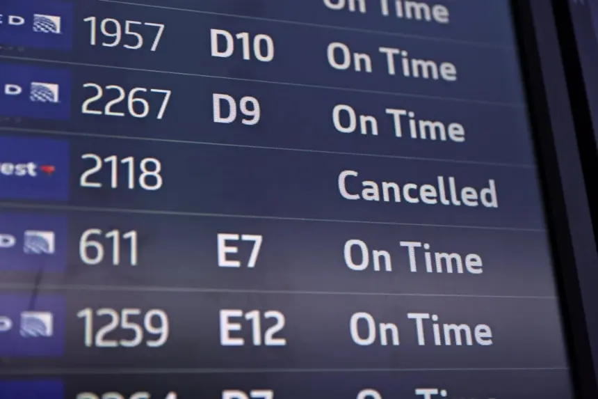 Vuelos mostrados en el Aeropuerto Internacional de San Francisco, el viernes 7 de noviembre de 2025. (Gabrielle Lurie/San Francisco Chronicle vía AP)