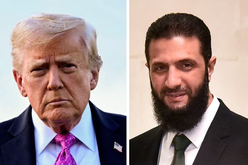 (Izquierda) El presidente Donald Trump a punto de subir al Air Force One antes de partir del Aeropuerto Municipal de Morristown, en Nueva Jersey, el 14 de septiembre de 2025. (Derecha) El líder de Hayat Tahrir al-Sham (HTS), Ahmed al-Sharaa, en Damasco, Siria, el 22 de diciembre de 2024. (Mandel Ngan/AFP a través de Getty Images; AFP a través de Getty Images).