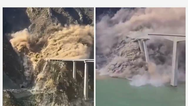 El derrumbe del puente Hongqi en la provincia china de Sichuan, el 11 de noviembre de 2025. (Captura de pantalla vía X).