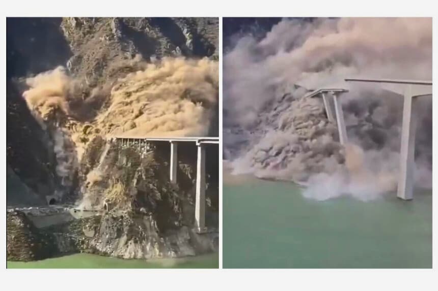 El derrumbe del puente Hongqi en la provincia china de Sichuan, el 11 de noviembre de 2025. (Captura de pantalla vía X).