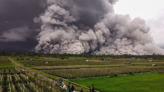 Una fotografía aérea muestra un flujo piroclástico durante la erupción del monte Semeru en Lumajang, Java Oriental, el 19 de noviembre de 2025. (AGUS HARIANTO/AFP vía Getty Images)