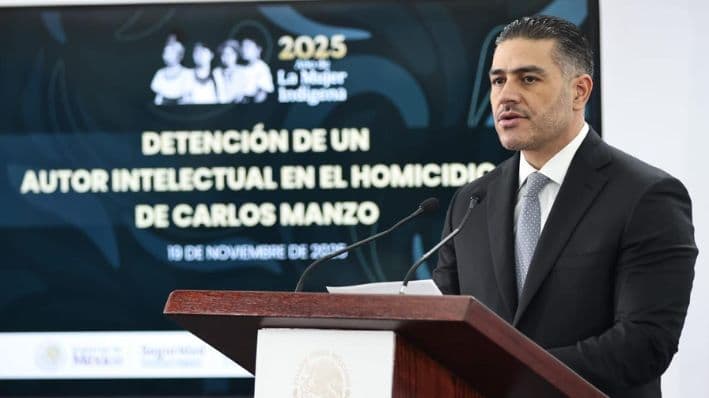 El secretario de Seguridad y Protección Ciudadana de México, Omar García Harfuch, habla durante una conferencia de prensa en la Ciudad de México, el 19 de noviembre de 2025. (Secretaría de Seguridad Ciudadana)