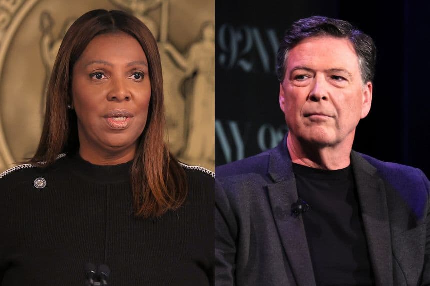 (Izquierda) La fiscal general Letitia James habla durante una conferencia de prensa en su oficina de Nueva York el 16 de octubre de 2025 en la ciudad de Nueva York. (Michael M. Santiago/Getty Images) (Derecha) James Comey habla en el escenario con Nicolle Wallace, de MSNBC, en el 92NY el 30 de mayo de 2023 en la ciudad de Nueva York. (Dia Dipasupil/Getty Images)