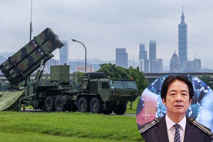 Imagen compuesta. Fondo: El sistema de defensa aérea Patriot de Taiwán el 14 de julio de 2025 en Taipéi, Taiwán. (Annabelle Chih/Getty Images) Esquina Derecha: El presidente de Taiwán, Lai Ching-te, ofrece una conferencia de prensa sobre el "Plan de acción para salvaguardar la democracia y la seguridad nacional de Taiwán" en Taipéi el 26 de noviembre de 2025. (I-Hwa Cheng / AFP a través de Getty Images)