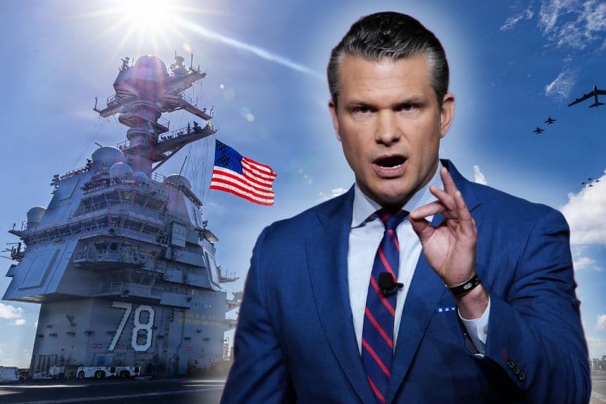 El secretario de Guerra de EE. UU., Pete Hegseth. (Andrew Harnik/Getty Images)
Fondo: En esta imagen proporcionada por la Marina de EE. UU., el USS Gerald R. Ford (CVN 78), aviones F/A-18E/F Super Hornet asignados a los Escuadrones de Caza y Ataque 31, 37, 87 y 213 del Carrier Air Wing Eight embarcado, y un B-52 Stratofortress de la Fuerza Aérea de EE. UU. operan como una fuerza conjunta y multidominio, el 13 de noviembre de 2025.