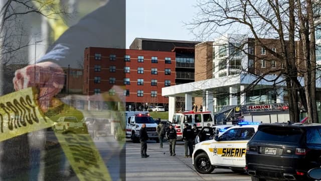 Composición E.T con imagen de Samantha Laurey/AFP en Getty ) y Las fuerzas del orden responden a un tiroteo en el Whitney Moore Young Jr. Hall, en el campus de la Universidad Estatal de Kentucky, en Frankfort, Kentucky, el martes 9 de diciembre de 2025. (Hannah Brown/The State Journal vía AP).