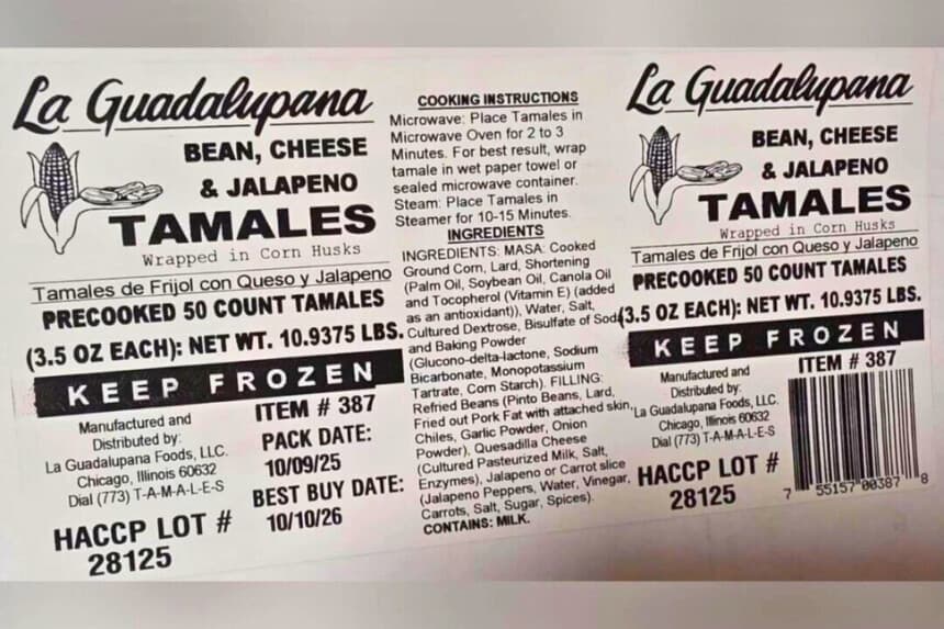 Una imagen del producto de tamales congelados retirada a revisión por La Guadalupana Foods LLC. USDA.