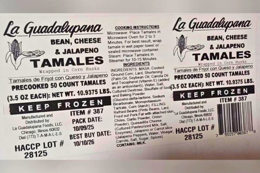 Una imagen del producto de tamales congelados retirada a revisión por La Guadalupana Foods LLC. USDA.