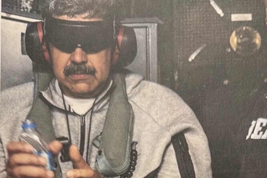 El líder venezolano Nicolás Maduro, tal y como se ve en una foto compartida por el presidente Donald Trump el 3 de enero de 2026, en la que aparece Maduro a bordo del USS Iwo Jima. (La Casa Blanca).