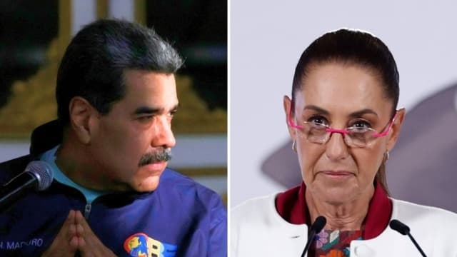 Izq: El líder Nicolás Maduro observa durante una marcha en Miraflores el 21 de noviembre de 2025 en Caracas, Venezuela. (Jesús Vargas/Getty Images); Der: La presidenta de México, Claudia Sheinbaum, habla durante una rueda de prensa este lunes 5 de enero de 2026, en Palacio Nacional de la Ciudad de México (EFE/Sáshenka Gutiérrez)
