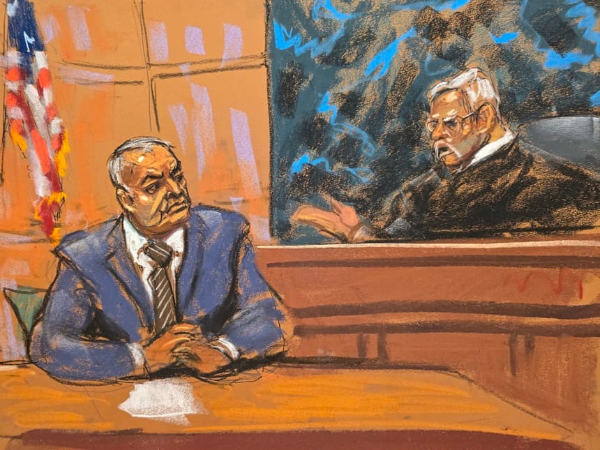 Reproducción fotográfica de un dibujo realizado por la artista Jane Rosenberg del exsecretario de Seguridad Pública mexicano, Genaro García Luna, durante un juicio en el Tribunal Federal de Brooklyn en Nueva York (Imagen de archivo. EFE/Jane Rosenberg)