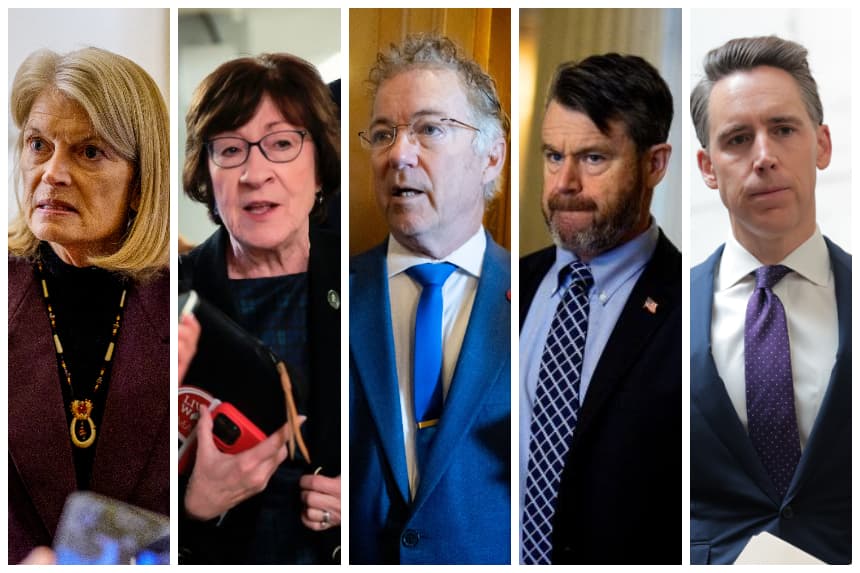 De izquierda a derecha: Lisa Murkowski (R-Alaska), Susan Collins (R-Maine), Rand Paul (R-Ky.), Todd Young (R-Ind.) y Josh Hawley (R-Mo.) (Andrew Harnik/Getty Images, Heather Diehl/Getty Images, SAUL LOEB / AFP via Getty Images, Andrew Harnik/Getty Images, Anna Moneymaker/Getty Images)