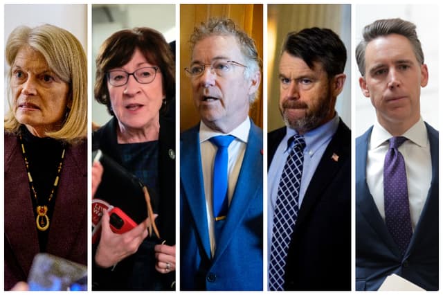 De izquierda a derecha: Lisa Murkowski (R-Alaska), Susan Collins (R-Maine), Rand Paul (R-Ky.), Todd Young (R-Ind.) y Josh Hawley (R-Mo.) (Andrew Harnik/Getty Images, Heather Diehl/Getty Images, SAUL LOEB / AFP via Getty Images, Andrew Harnik/Getty Images, Anna Moneymaker/Getty Images)