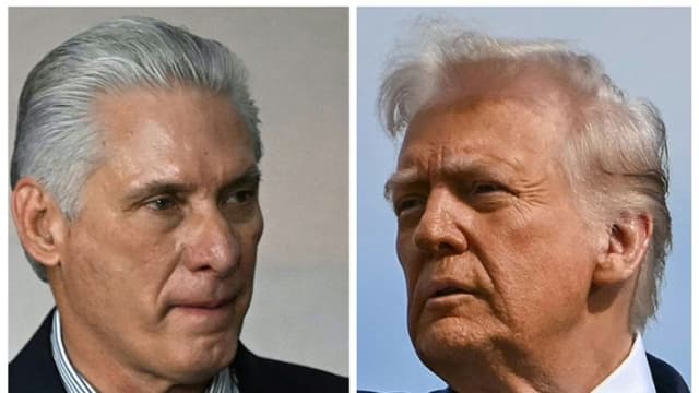 Esta combinación de imágenes creada el 11 de enero de 2026 muestra al presidente y primer secretario del Partido Comunista de Cuba, Miguel Díaz-Canel (Izq.), antes de una foto familiar durante la cumbre del BRICS en Río de Janeiro, Brasil, el 7 de julio de 2025; y al presidente de Estados Unidos, Donald Trump, (Dcha.) mientras sube al Air Force One antes de viajar a Corea del Sur, en el aeropuerto de Haneda, en Tokio, el 29 de octubre de 2025. (Mauro PIMENTEL y ANDREW CABALLERO-REYNOLDS / AFP a través de Getty Images)