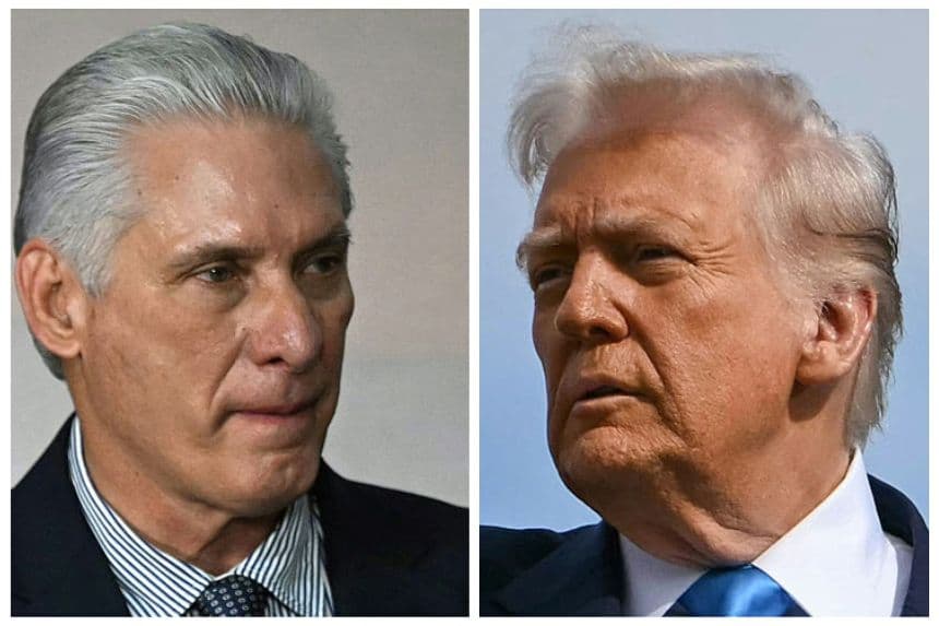 Esta combinación de imágenes creada el 11 de enero de 2026 muestra al presidente y primer secretario del Partido Comunista de Cuba, Miguel Díaz-Canel (Izq.), antes de una foto familiar durante la cumbre del BRICS en Río de Janeiro, Brasil, el 7 de julio de 2025; y al presidente de Estados Unidos, Donald Trump, (Dcha.) mientras sube al Air Force One antes de viajar a Corea del Sur, en el aeropuerto de Haneda, en Tokio, el 29 de octubre de 2025. (Mauro PIMENTEL y ANDREW CABALLERO-REYNOLDS / AFP a través de Getty Images)