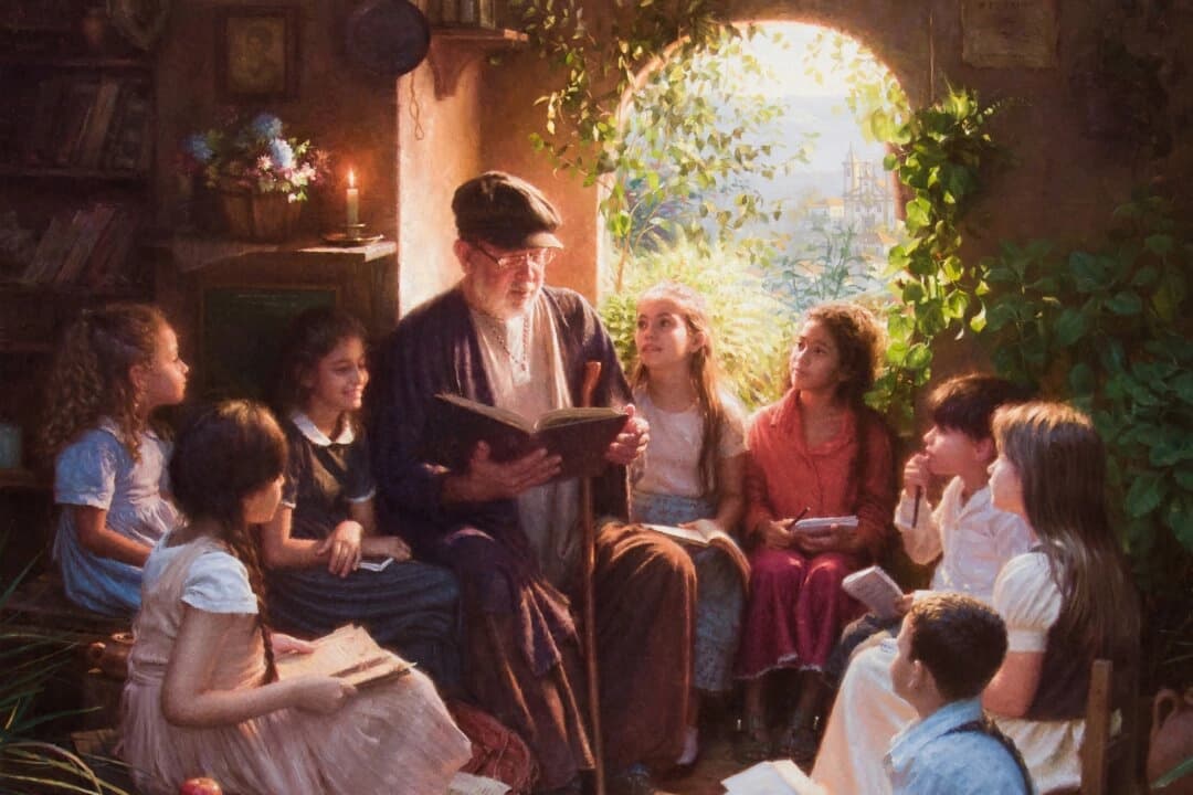 Detalle de "Cuentos de Sabiduría", 2025, de Clodoaldo Martins. Óleo sobre lienzo; 96 x 107 cm. (Cortesía del Concurso Internacional de Pintura Figurativa NTD).