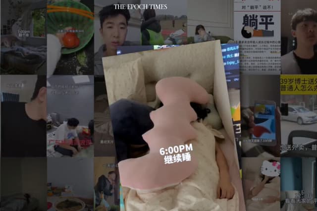 "Estar tumbado" se ha convertido en un estilo de vida adoptado por muchos jóvenes chinos. (Ilustración de The Epoch Times, capturas de pantalla de The Epoch Times, Douyin).