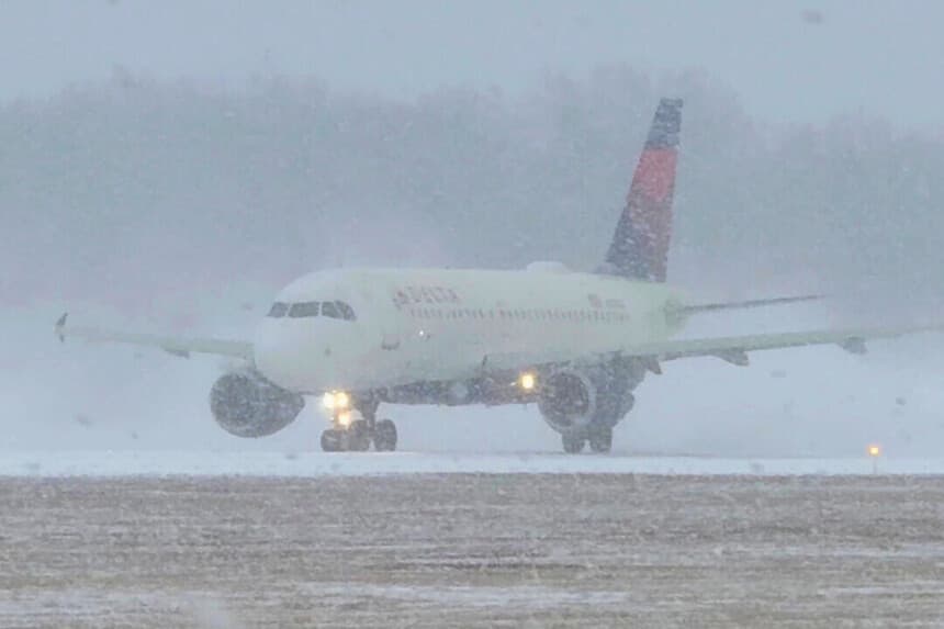 En esta captura de pantalla obtenida de un vídeo de redes sociales, un avión de Delta Air Lines se prepara para despegar durante una tormenta invernal en el Aeropuerto Internacional Greater Rochester, en Rochester, Nueva York, el 26 de diciembre de 2025. (Joseph Frascati/Reuters).