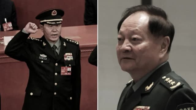 (Izquierda) Liu Zhenli en el Gran Salón del Pueblo en Beijing, China, el 11 de marzo de 2023; (Derecha) El vicepresidente de la Comisión Militar Central China (CMC), Zhang Youxia, asiste a un evento oficial en Qingdao, China, el 22 de abril de 2024. (Greg Baker/Florence Lo/Reuters)