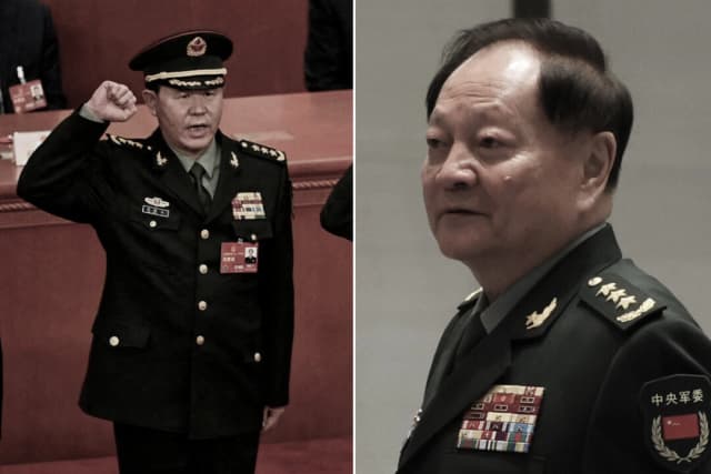 (Izquierda) Liu Zhenli en el Gran Salón del Pueblo en Beijing, China, el 11 de marzo de 2023; (Derecha) El vicepresidente de la Comisión Militar Central China (CMC), Zhang Youxia, asiste a un evento oficial en Qingdao, China, el 22 de abril de 2024. (Greg Baker/Florence Lo/Reuters)