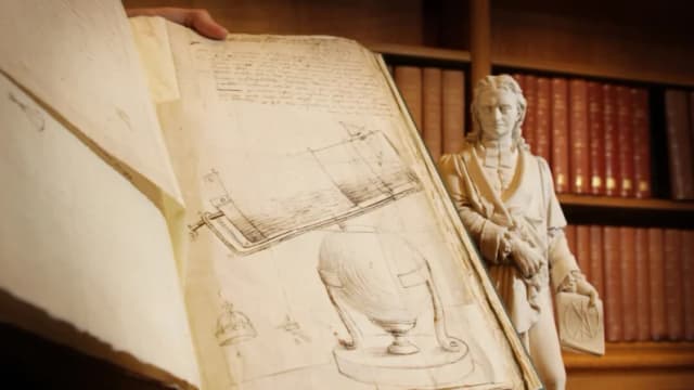 Un dibujo de Isaac Newton de su telescopio, incluido en un libro de sus cartas, se exhibe junto a su estatua en la Royal Society el 24 de noviembre de 2009 en Londres. (Peter Macdiarmid/Getty Images)