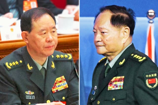 (Izquierda) Liu Zhenli en el Gran Salón del Pueblo en Beijing, China, el 5 de marzo de 2025; (Derecha) El vicepresidente de la Comisión Militar Central de China, Zhang Youxia, asiste al Foro Xiangshan en Beijing el 30 de octubre de 2023. Reuters/Ministerio de Defensa ruso, (PEDRO PARDO/AFP a través de Getty Images)