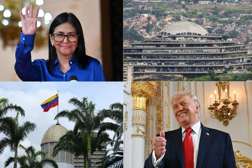 Arriba Izq: La presidenta interina de Venezuela, Delcy Rodríguez, en el Palacio Presidencial de Miraflores en Caracas, el 14 de enero de 2026. (Juan BARRETO / AFP via Getty Images); Arriba Der: Vista general del edificio El Helicoide en Caracas, el 28 de julio de 2023. (YURI CORTEZ/AFP vía Getty Images); Abajo izq: La bandera de Venezuela en lo alto del Palacio Federal Legislativo el 15 de enero de 2026 en Caracas, Venezuela. (Jesús Vargas/Getty Images); Abajo der: El presidente de EE. UU., Donald Trump, en el salón de baile de Mar-a-Lago, en Palm Beach, Florida, el 16 de enero de 2026. (ANDREW CABALLERO-REYNOLDS / AFP a través de Getty Images)