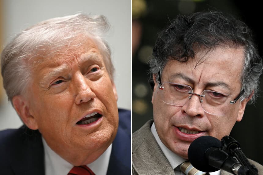 Esta combinación de imágenes creada el 10 de diciembre de 2025 muestra al presidente de los Estados Unidos, Donald Trump (izquierda), hablando durante una mesa redonda en la Sala Roosevelt de la Casa Blanca en Washington D. C., el 10 de diciembre de 2025, y al presidente de Colombia, Gustavo Petro, pronunciando un discurso durante la conmemoración del 134.º aniversario de la Policía Nacional y la promoción de oficiales en la Academia de Policía General Santander en Bogotá, el 13 de noviembre de 2025. (Foto de ANDREW CABALLERO-REYNOLDS y Raúl ARBOLEDA / AFP a través de Getty Images)