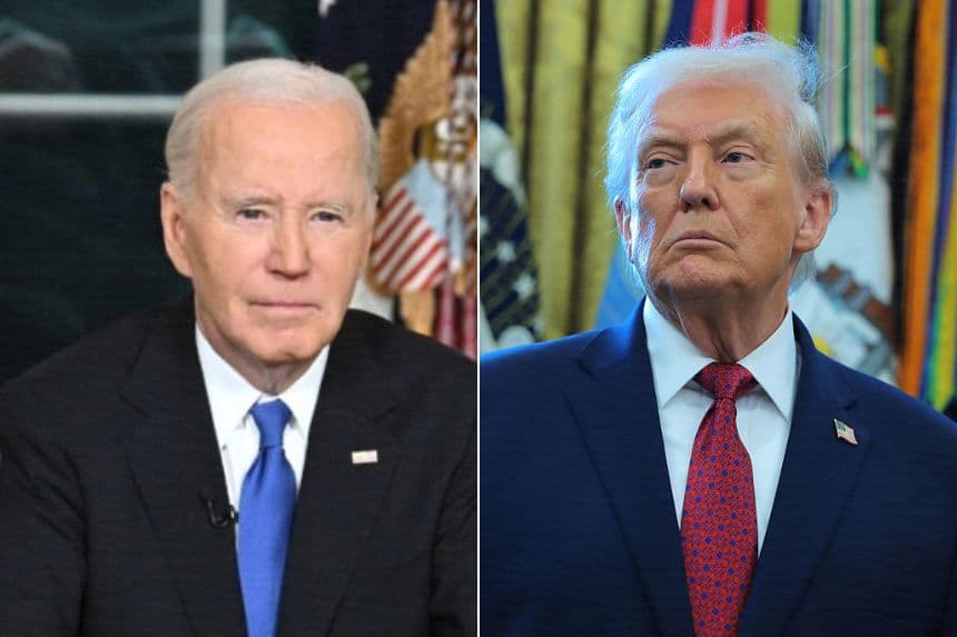 Izq: El presidente Joe Biden desde el Despacho Oval de la Casa Blanca el 15 de enero de 2025. (Mandel Ngan/Pool vía Getty Images); Der: El presidente Donald Trump en el Despacho Oval de la Casa Blanca el 15 de diciembre de 2025 en Washington, D.C. (Anna Moneymaker/Getty Images)