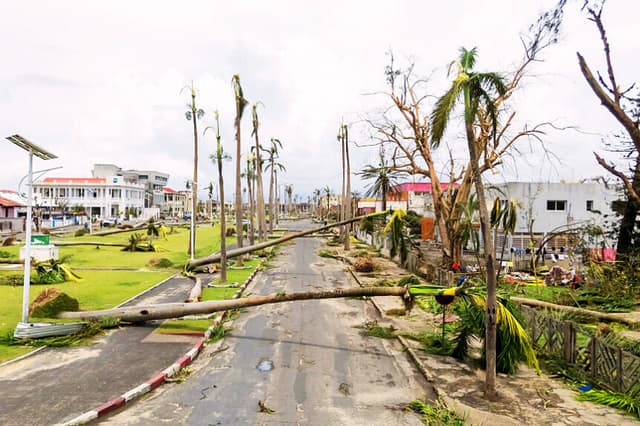 Vista aérea de la ciudad de Toamasina, en la costa este de Madagascar, afectada por el ciclón tropical Gezani el 11 de febrero de 2026. (Tsiky Sikonina / AFP a través de Getty Images)