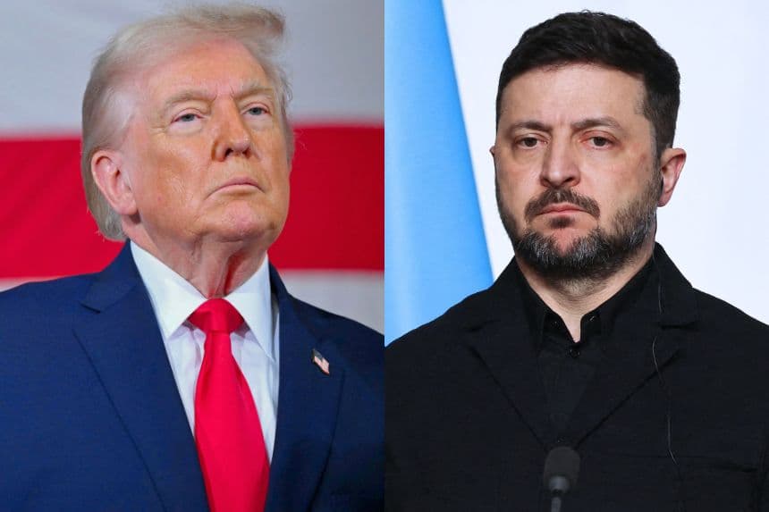 (D) El presidente de los Estados Unidos, Donald Trump, observa durante un evento con miembros del ejército y sus familias en Fort Bragg, Carolina del Norte, el 13 de febrero de 2026.(Mandel NGAN / AFP a través de Getty Images) (I) El presidente de Ucrania, Volodímir Zelenski, observa durante la conferencia de prensa tras la firma de la declaración sobre el despliegue de fuerzas tras el alto el fuego en Ucrania durante la cumbre de la Coalición de los Dispuestos sobre garantías de seguridad para Ucrania, en el Palacio del Elíseo en París, el 6 de enero de 2026. (Ludovic MARIN / POOL / AFP a través de Getty Images)