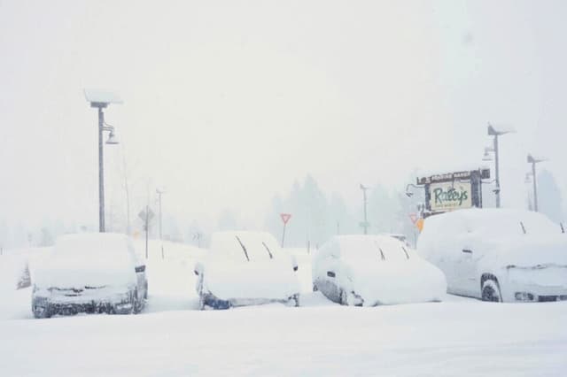 Los autos están cubiertos de nieve durante una tormenta en Truckee, California, el 17 de febrero de 2026. (Brooke Hess-Homeier/AP Photos).