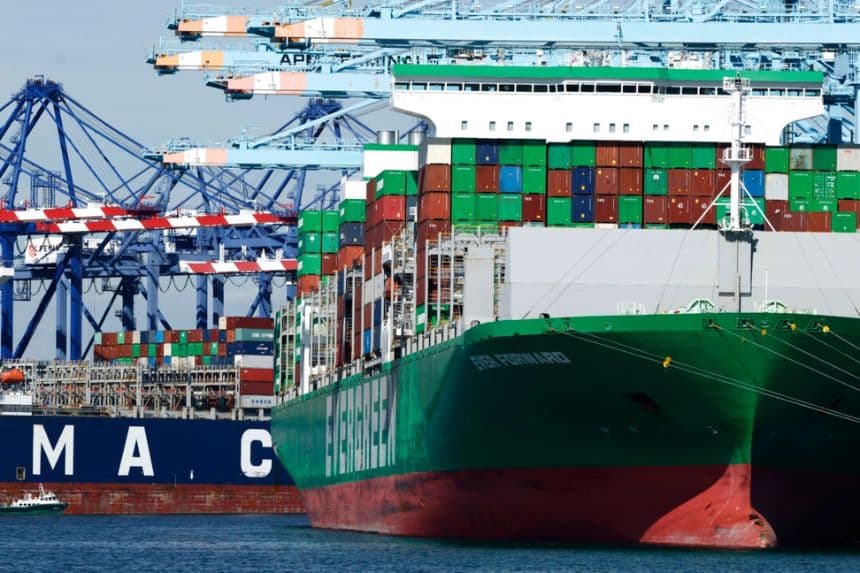 Grúas de carga se encuentran sobre buques portacontenedores cargados con contenedores en el Puerto de Los Ángeles, Los Ángeles, el 20 de febrero de 2026. (Mario Tama/Getty Images)