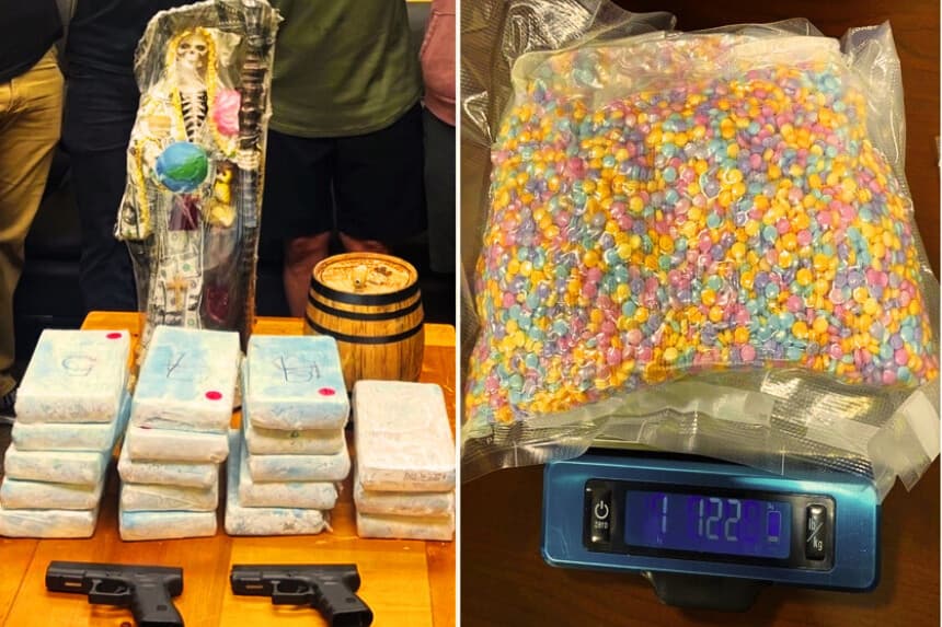 Combo de fotografías cedidas por el Departamento de Justicia de Estados Unidos que muestra una de drogas, armas y fentanilo incautados a un presunto líder del Cártel de Sinaloa. El mexicano Fidel Félix-Ochoa, presunto líder del Cartel de Sinaloa, compareció este lunes ante un tribunal federal de Florida para enfrentar cargos de introducir fentanilo y otras drogas a Estados Unidos, tanto por vehículos como a través del servicio postal, informó la Fiscalía. (EFE/ Departamento Justicia de Estados Unidos)