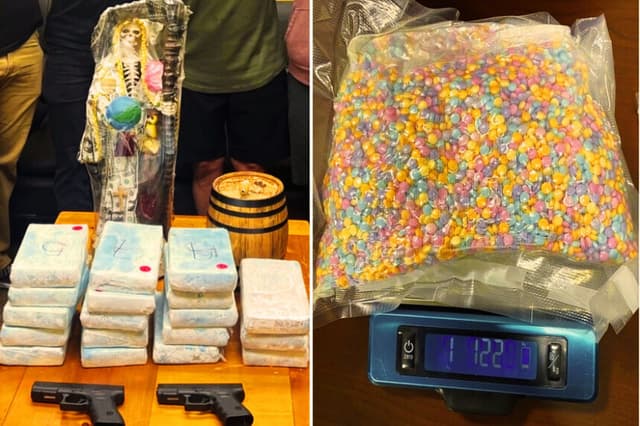 Combo de fotografías cedidas por el Departamento de Justicia de Estados Unidos que muestra una de drogas, armas y fentanilo incautados a un presunto líder del Cártel de Sinaloa. El mexicano Fidel Félix-Ochoa, presunto líder del Cartel de Sinaloa, compareció este lunes ante un tribunal federal de Florida para enfrentar cargos de introducir fentanilo y otras drogas a Estados Unidos, tanto por vehículos como a través del servicio postal, informó la Fiscalía. (EFE/ Departamento Justicia de Estados Unidos)