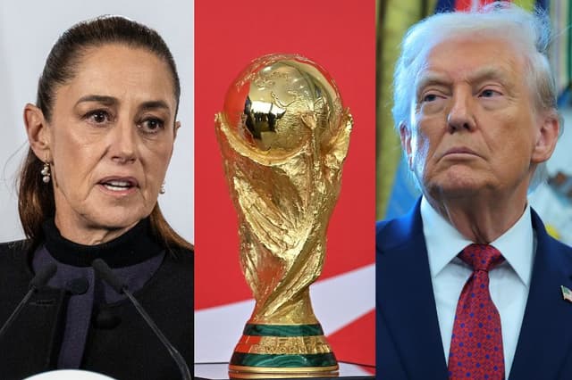 Imagén ilustrativa. De izq. a der. Presidenta de México Claudia Sheinbaum (Cristopher Rogel Blanquet/Getty Images) Vista del trofeo de la Copa del Mundo, como parte de la Gira del Trofeo de la FIFA en el Palacio de Planalto, el 26 de febrero de 2026 en Brasilia, Brasil. (Ton Molina/Getty Images) Presidente de Estados Unidos Donald Trump. (Anna Moneymaker/Getty Images)