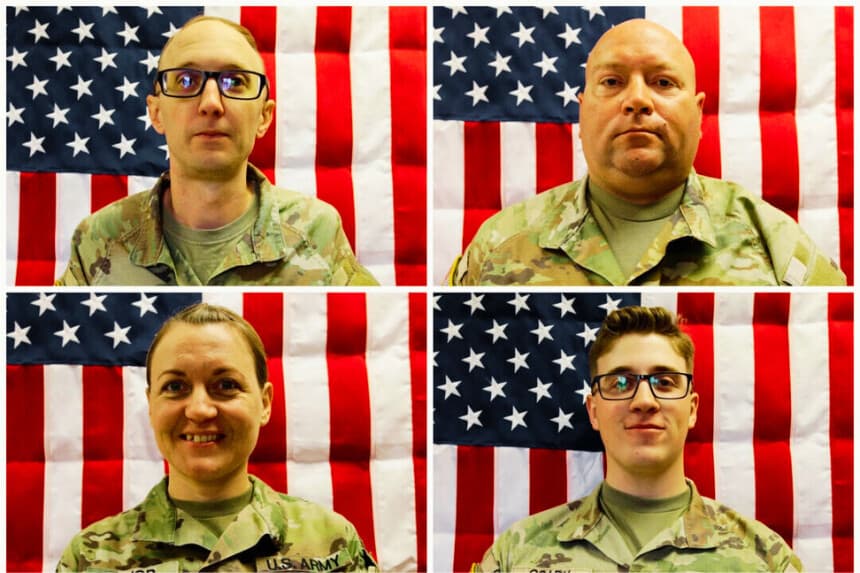 Una combinación de fotos sin fecha muestra al capitán de la Reserva del Ejército de los Estados Unidos Cody A. Khork, de 35 años, de Winter Haven, Florida; al sargento de primera clase de la Reserva del Ejército de los Estados Unidos Noah Tietjens, de 42 años, de Bellevue, Nebraska; la sargento primera de la Reserva del Ejército de los Estados Unidos Nicole Amor, de 39 años, de White Bear Lake, Minnesota, y el sargento de la Reserva del Ejército de los Estados Unidos Declan Coady, de 20 años, de Des Moines, Iowa, que murieron el 1 de marzo de 2026 en el puerto de Shuaiba, Kuwait, durante un ataque con drones. (Reserva del Ejército de los Estados/Información facilitada por Reuters)