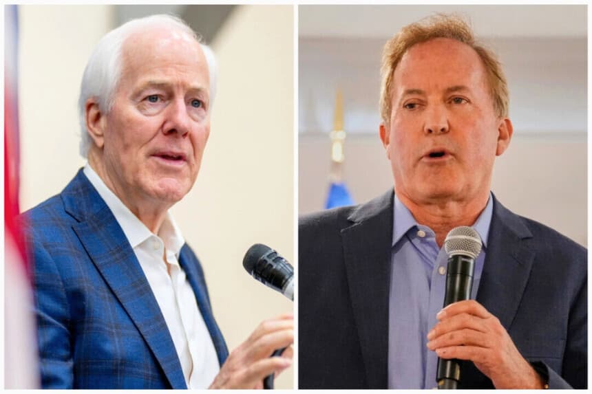 (Izquierda) El senador John Cornyn (R-Texas) habla durante un mitin de campaña en el Schertz Civic Center Conference Hall en Schertz, Texas, el 2 de marzo de 2026. (Derecha) El fiscal general de Texas, Ken Paxton, se dirige a sus seguidores en Waco, Texas, el 2 de marzo de 2026. (Brandon Bell/Getty Images; Tony Gutierrez/AP Photo).
