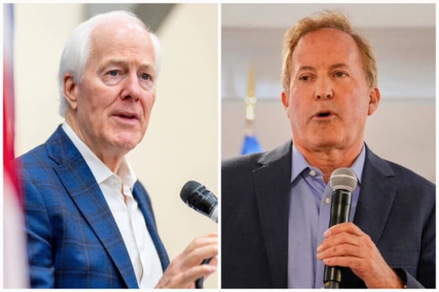 (Izquierda) El senador John Cornyn (R-Texas) habla durante un mitin de campaña en el Schertz Civic Center Conference Hall en Schertz, Texas, el 2 de marzo de 2026. (Derecha) El fiscal general de Texas, Ken Paxton, se dirige a sus seguidores en Waco, Texas, el 2 de marzo de 2026. (Brandon Bell/Getty Images; Tony Gutierrez/AP Photo).