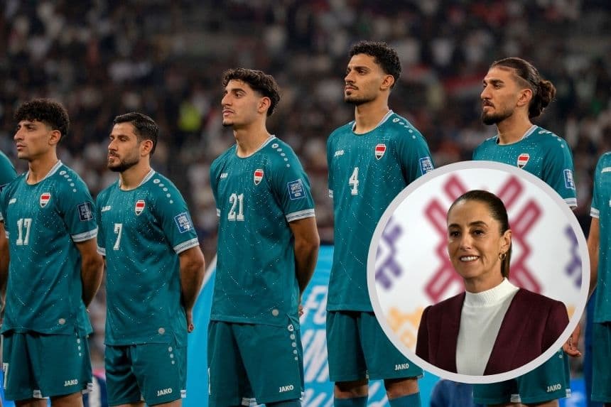Imagen ilustrativa: Fondo equipo de fútbol de Irak en un partido el 13 de noviembre de 2025. (IBA SADEG/Middle East Images/AFP vía Getty Images) En el circulo la presidenta de México Claudia Sheinbaum, el 12 de febrero de 2026. (YURI CORTEZ/AFP vía Getty Images)