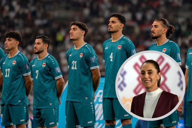 Imagen ilustrativa: Fondo equipo de fútbol de Irak en un partido el 13 de noviembre de 2025. (IBA SADEG/Middle East Images/AFP vía Getty Images) En el circulo la presidenta de México Claudia Sheinbaum, el 12 de febrero de 2026. (YURI CORTEZ/AFP vía Getty Images)