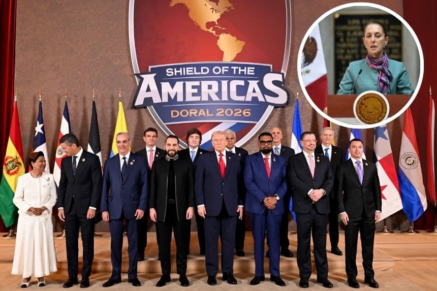 Imagen ilustrativa. Fondo: Presidentes de Estados Unidos, Argentina, Bolivia, Chile, Costa Rica, República Dominicana, Ecuador, El Salvador, Guyana, Honduras, Panamá, Paraguay y Trinidad y Tobago durante la reunión denominada Escudo de las Américas del 7 de marzo de 2026 (Roberto Schmidt/Getty Images) Circulo: Presidenta de México Claudia Sheinbaum (YURI CORTEZ/AFP vía Getty Images)