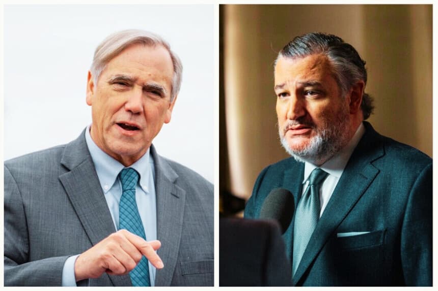 (I) El senador Jeff Merkley (D-Ore.) frente al Capitolio de los Estados Unidos el 22 de marzo de 2024. (D) El senador Ted Cruz (R-Texas) en Washington el 28 de enero de 2026. (Madalina Kilroy/The Epoch Times)