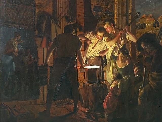 "Una herrería", 1771, de Joseph Wright de Derby. Cuenta la leyenda que Pitágoras forjó la teoría musical observando a un herrero trabajar. (Dominio público).