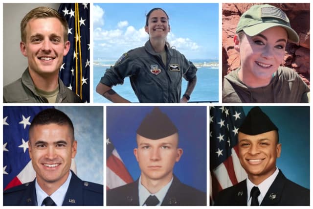 (Arriba, de Izq.-Dcha.) El comandante John A. Klinner, de 33 años, de Auburn, Alabama; la capitana Ariana G. Savino, de 31 años, de Covington, Washington; y la sargento técnico Sargento Técnico Ashley B. Pruitt, de 34 años, de Bardstown, Kentucky. (Abajo, de Izq.-Dcha.) Capitán Seth R. Koval, de 38 años, de Mooresville, Indiana; Capitán Curtis J. Angst, de 30 años, de Wilmington, Ohio; y Sargento Técnico Tyler H. Simmons. (Base Aérea MacDill, Guardia Nacional de Ohio)